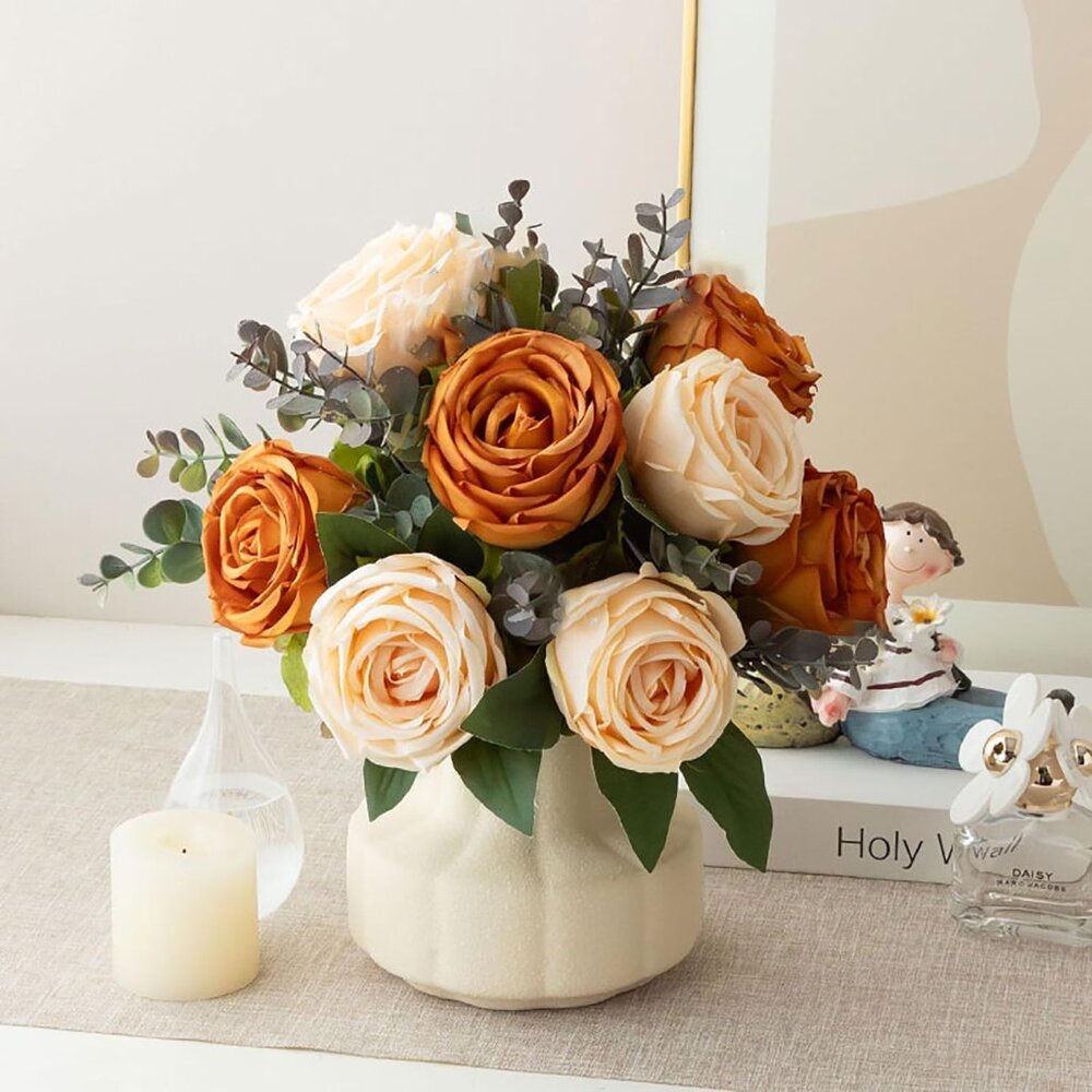 Orange Silk Roses Artificial Fake Faux Flowers Plants Vase Home Table Decoration